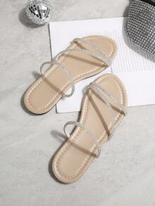 French Square Toe Rhinestone Embellished Flat Sandals, Vacations, Elegant Lady Style Suitable For Dates, Shopping, Commuting, Business, Parties - Apricot - View 4