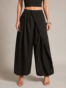 Pantalones casuales de unicolor asimétricos para mujer, pantalones de diseño suelto con cordón, longitud hasta el tobillo con botón y cremallera con pliegues - Caqui - Ver 8