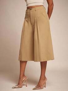 Pantalones culotte de cintura alta con pliegues y pierna ancha - Amarillo - Ver 4