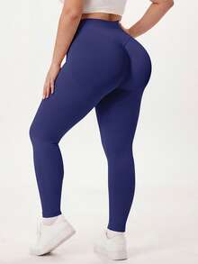 NcmRyu 1pc Women's Solid Color Ruched Waist Slim Fit Plus Size Sports Pants - Navy Blue - View 5
