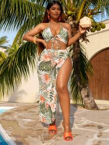 Vestido de playa, bikini de tres piezas, falda estampada, traje de baño sexy de dos piezas para mujer, traje de baño de talla grande. - Color de la imagen - Ver 1