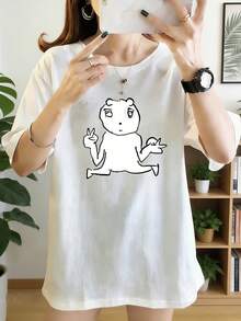 Women's Stylish Personalized T-Shirt, Loose Fit, Dropped Shoulders, Short Sleeves, And Fun Character Print. A Short-Sleeved T-Shirt With A Playful And Fun Design, Comfortable And Soft Against The Skin, Perfect For Those Who Love Modern And Humorous Styles For Everyday Wear. Unisex Vintage Urban Style T-Shirt, Cotton, Short Sleeves, And Crew Neck. - 白色 - 查看 7