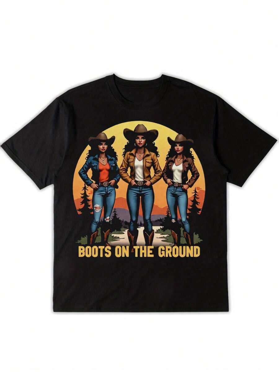 Camiseta unisex, CowgirlGráficoImprimirMujeresCamisetaNegroTripulaciónCuelloCortoMangaSuperiorVintageRetroEstiloOestePaísDiseñoBotasEncendidoElSueloCartaImprimirVeranoRopa urbanaConjunto de ropaInformalRopaVacacionesViajesFiestaCumpleañosRegalo, ropademujer,blusasparamujer,topsdemujer,playerasdemujer, GráficoimpresoAmigable con la piel, estilo de los 90Retro, Ropa Urbana, De Modacasualcamisetas - Negro - Ver 1