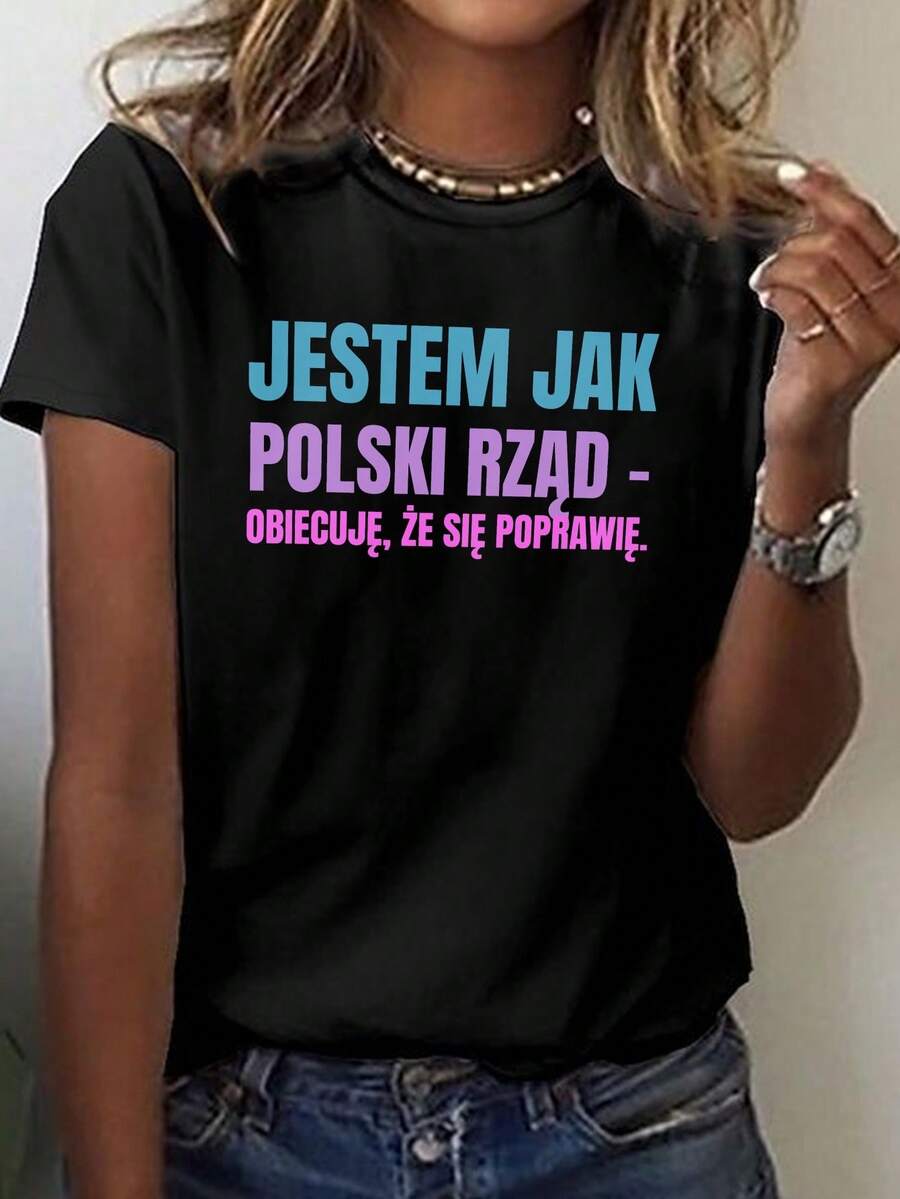 Camiseta de manga corta informal de cuello redondo para mujer del gobierno polaco para primavera y verano - Negro - Ver 1
