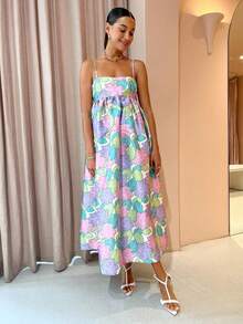 Vestido tirantes estampado amplio espalda descubierta estilo casual europeo elegante moda femenina verano - Azul lavado medio - Ver 7