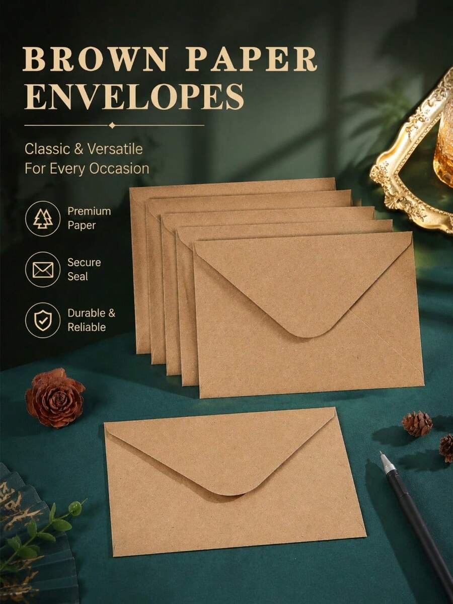 10/100入牛皮紙信封 加厚復古棕色V型翻蓋信封，適用於婚禮邀請函、派對卡片、賀卡、信件與照片收納，辦公室/學校通用