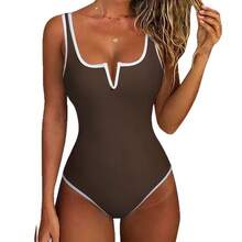 Nuevo traje de baño de una pieza con diseño sexy de bikini en V profunda, color sólido, ajustado al cuerpo. - Azul - Ver 6