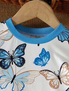 Set de 2 piezas de top de manga corta con cuello redondo y estampado de mariposa + pantalones cortos de unicolor para niñas pequeñas en verano, casual y sencillo, adecuado para el uso diario de niñas - Azul - Ver 4