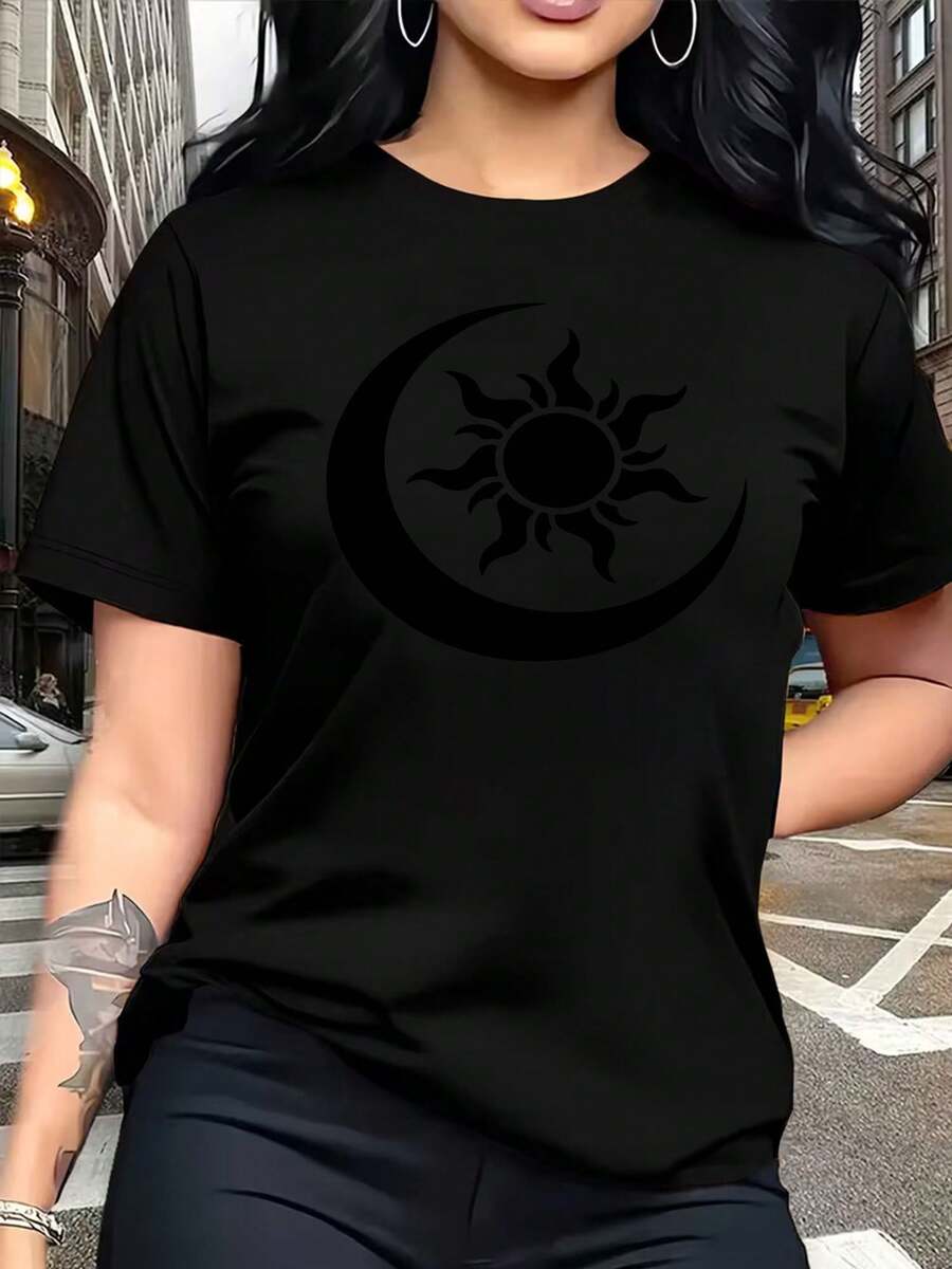 Camiseta de manga corta con cuello redondo y estampado de sol y luna para mujer - Estilo deportivo casual, corte holgado, 95% poliéster 5% spandex 180g, diseño estampado, primavera/verano, moderna y cómoda, a la moda y fácil de combinar, transpirable y cómoda, versátil. - Negro - Ver 1