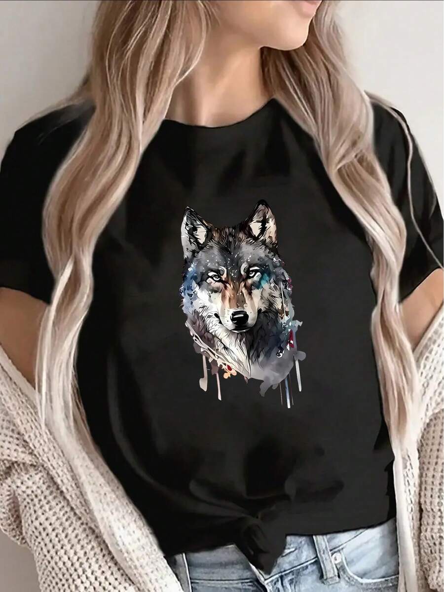 Women's Polyester T-Shirt With Wolf Print, Suitable For Casual Wear At Home And Outdoors, Lightweight And Durable, With A Vivid Animal Pattern Design, Offering Both Everyday Comfort And Style. - Black - View 1