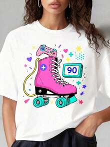 ropa de mujer Camiseta gráfica retro de los 90 con diseño de patines de ruedas, controlador de videojuegos y colores neón para mujeres y hombres. Tanto los hombres como las mujeres pueden usarla, y es adecuada para fiestas de Navidad, actividades deportivas, salidas de fiesta, deportes y otros regalos navideños. camisas de mujer - Blanco - Ver 6