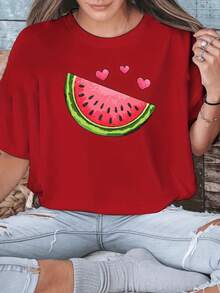 Tallas Grandes, Camisetas Estampadas de Sandía para Mujer de Tallas Grandes, Tops Casuales de Manga Corta con Cuello Redondo para Primavera y Verano, Ropa de Tallas Grandes para Mujer, Ropa de Moda - Rojo - Ver 4