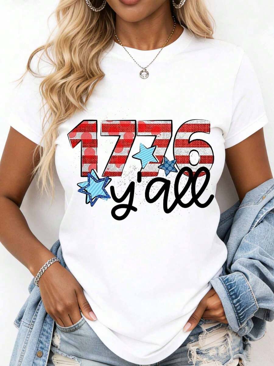 1776 Yall Patriotic Independence Day T Shirt American Flag Stars And Stripes Fourth Of July Celebration Women Casual Top - trắng - Xem 1