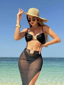 Nuevo y sexy traje de baño de tres piezas de color sólido con falda larga de malla, bikini - Rojo - Ver 11