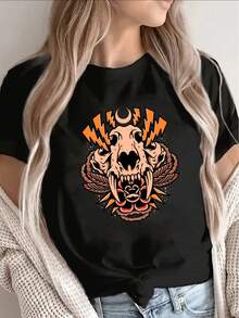 Women's Polyester Short-Sleeved T-Shirt With A Striking Tiger Head Skull Design, Orange And Black Color Contrast Design, Edgy Street Style, Suitable For Everyday Casual Wear, Soft And Well-Fitting, 100% Polyester, Unisex. - 黑色 - 查看 7