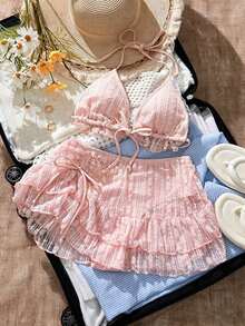 Conjunto de bikini y vestido de playa de tela de encaje color albaricoque dulce para mujer, vacaciones de verano - Rosa - Ver 1