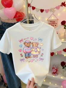 Camiseta de manga corta para mujer con estampado de ositos de peluche y corazones en tonos pastel, ideal para el Día de San Valentín. vestidos de graduación - Blanco - Ver 2