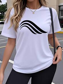 Camiseta de manga corta para mujer, minimalista, con estampado de líneas onduladas, holgada, para uso casual, deportivo y en múltiples ocasiones. - Blanco - Ver 8