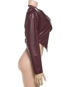 Chaqueta de cuero PU lisa diseño cinturado corto al ombligo estilo moderno para mujer - Burdeos - Ver 6