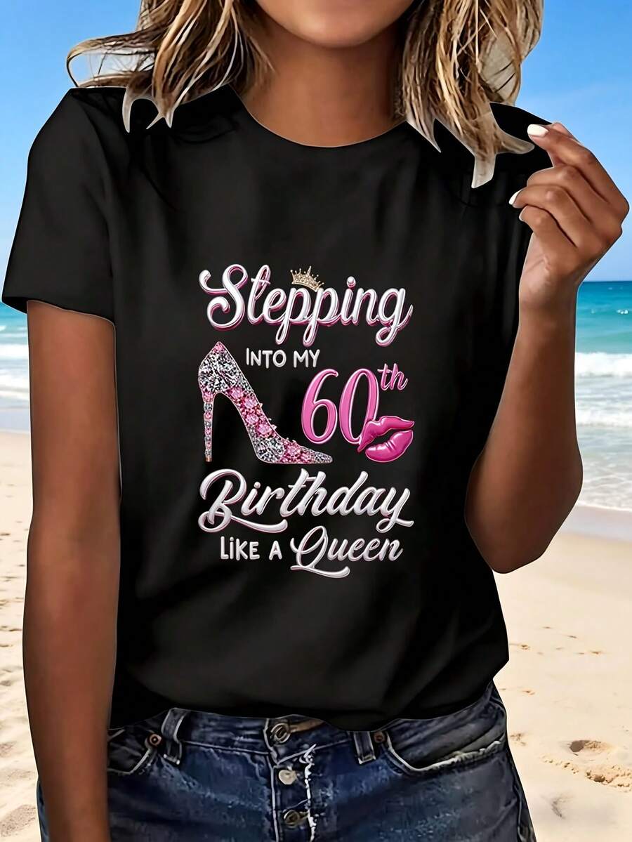 Stepping Into My 60th Birthday Like A Queen T Shirt With Fashion Design Party Celebration Perfect Gift For Women Birthday Outfit Casual Wear - Negro - Ver 1