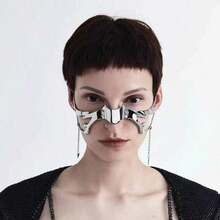 1pc Fashionable European Cyber Punk Metal Face Mask, Unique Design Asymmetric Fluid Mechanical Style Nose Hoop Lip Rings, Adjustable Facial Decor - Silver - View 4