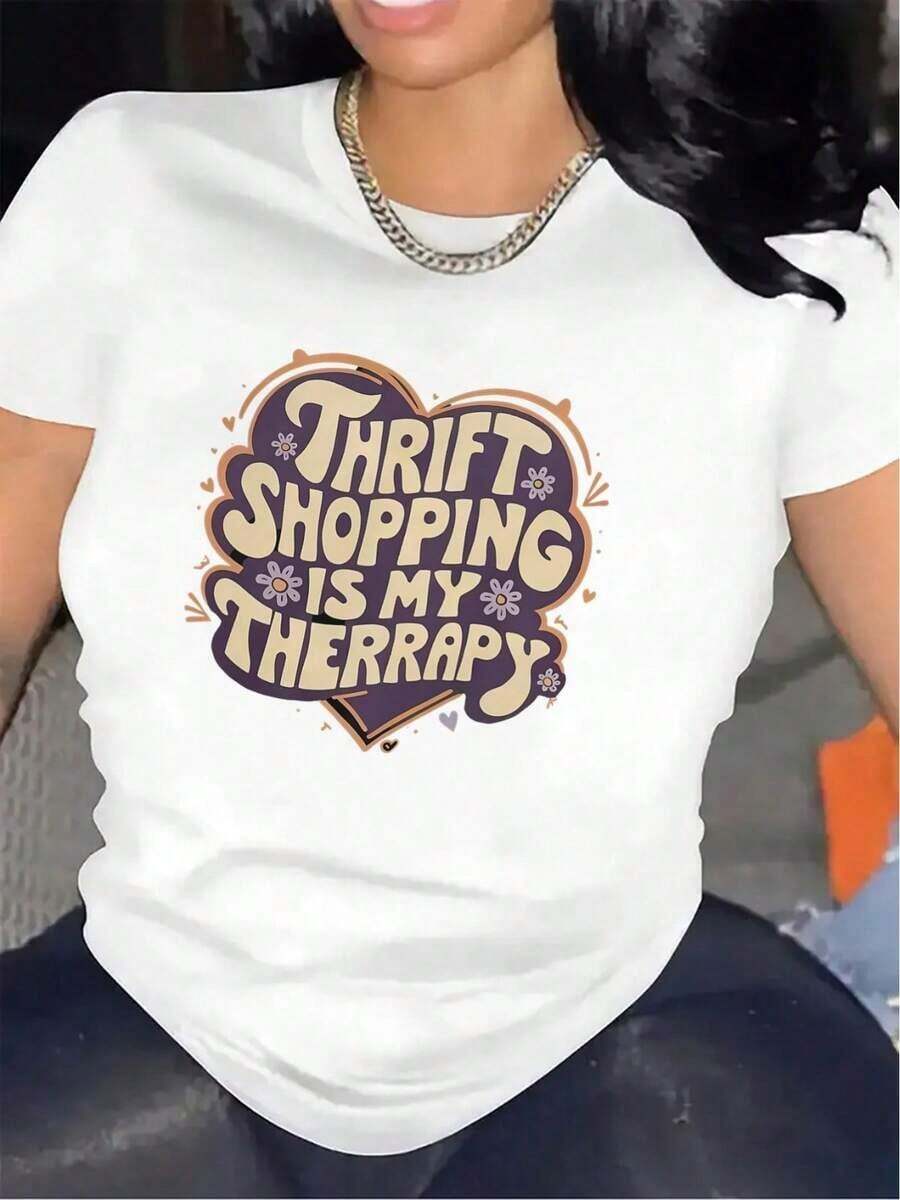 Camiseta de manga corta de poliéster en blanco y negro con el diseño "Thrifting Is My Design" para uso en casa, duradera y cómoda, ideal para salidas informales en la sala de estar, tela sua - Blanco - Ver 1