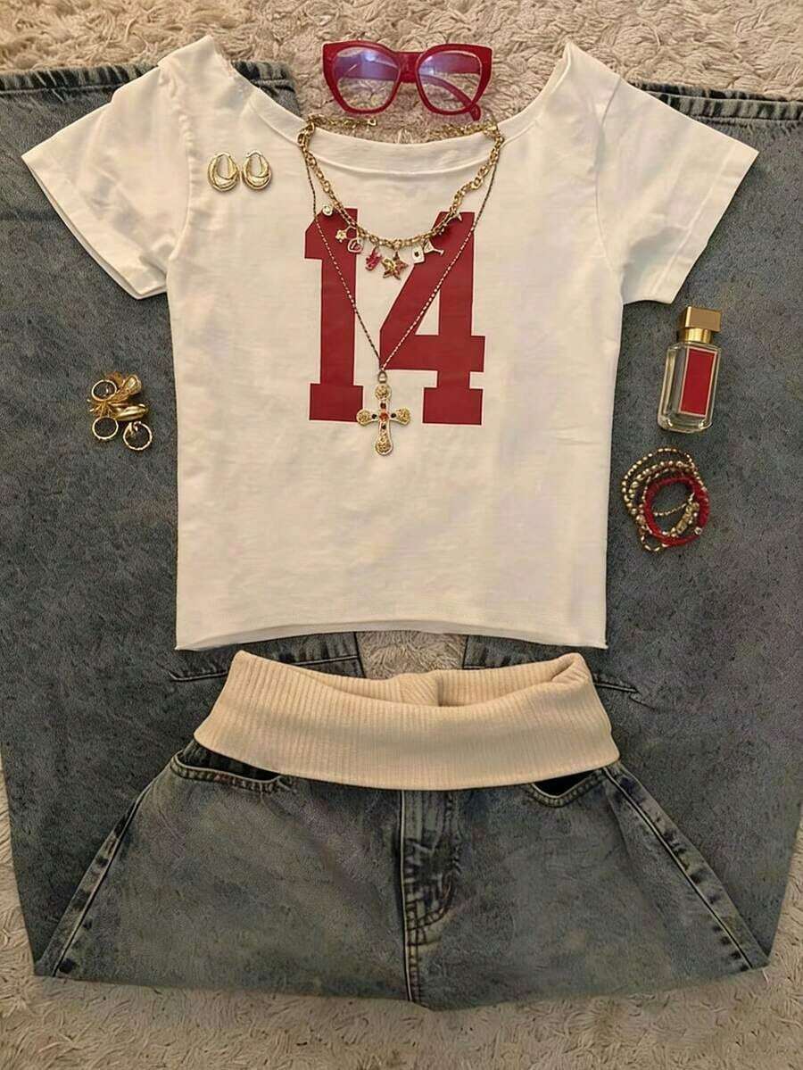 Women's Minimalist Casual T-Shirt With Letter Print, Round Neck, Short Sleeve, Versatile - Urban Vintage Style, Unisex, Cotton, Loose Fit, Round Neck, Blouses For Women. Blouses.Casual Blouses For Ladies. - 白色 - 查看 1