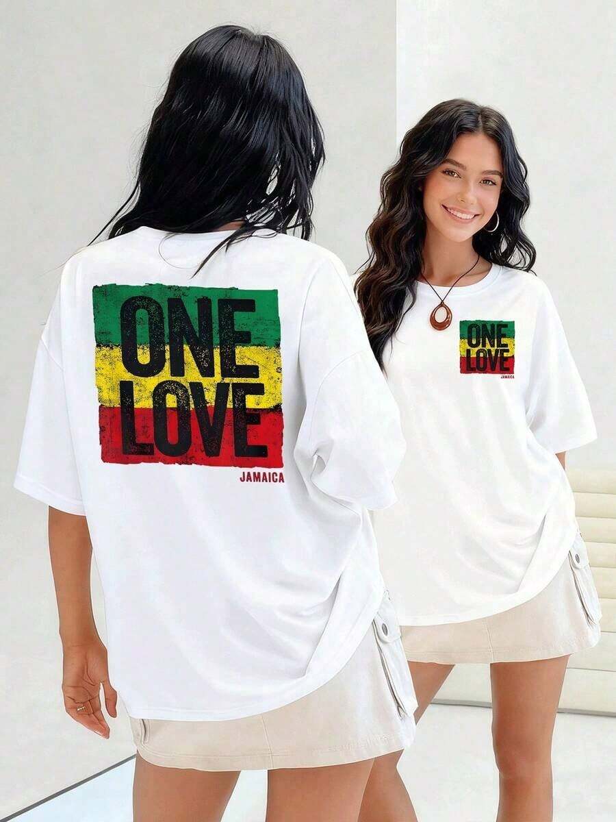 NewSummerCasualOne Love With Reggae Green, Yellow And Red Stripes, A Statement Of Unity And Positivity, Women's T-Shirt, 100% Cotton For A Soft And Comfortable Feel. - Vintage Street Style Unisex Loose Cotton Short Sleeve Crew Neck T-Shirt - 白色的 - 查看 1
