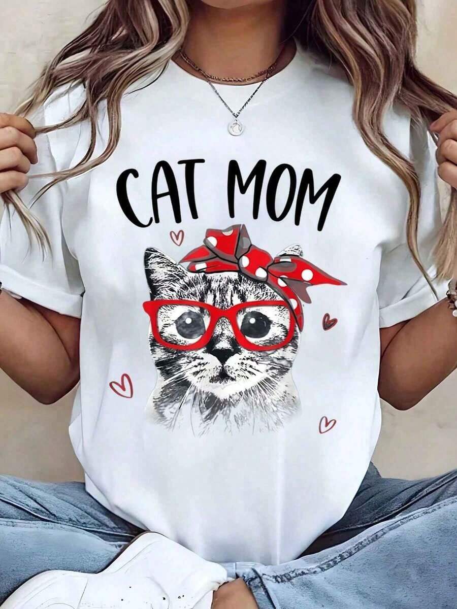 Camiseta ModaModa para Mujer con Estampado de Mamá Gato con Gafas y Lazo, Corte Regular, Cuello Redondo, Top Casual para Uso Diario, Idea de Regalo 220g - Blanco - Ver 1