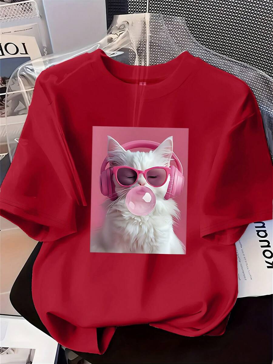 Camiseta de manga corta para mujer, estampada con diseño de gato, cuello redondo, estilo casual para todas las estaciones, ideal para vacaciones de verano. - Rojo - Ver 1