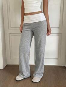 Sunny Girl Style Summer Y2K Straight Leg Pants, Contrast Waist Design, Suitable For Back To School, Casual Outings And Home Wear - Light Grey - View 2