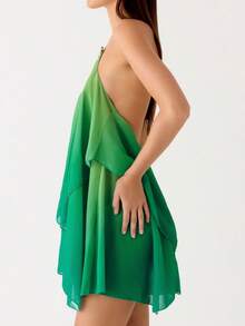 Women Ruffle Halter Neck Mini Dress Mock Neck Sleeveless Open Back Tiered Dress Y2K Mesh Layered Summer Going Out A Line Dresses - Green - View 5