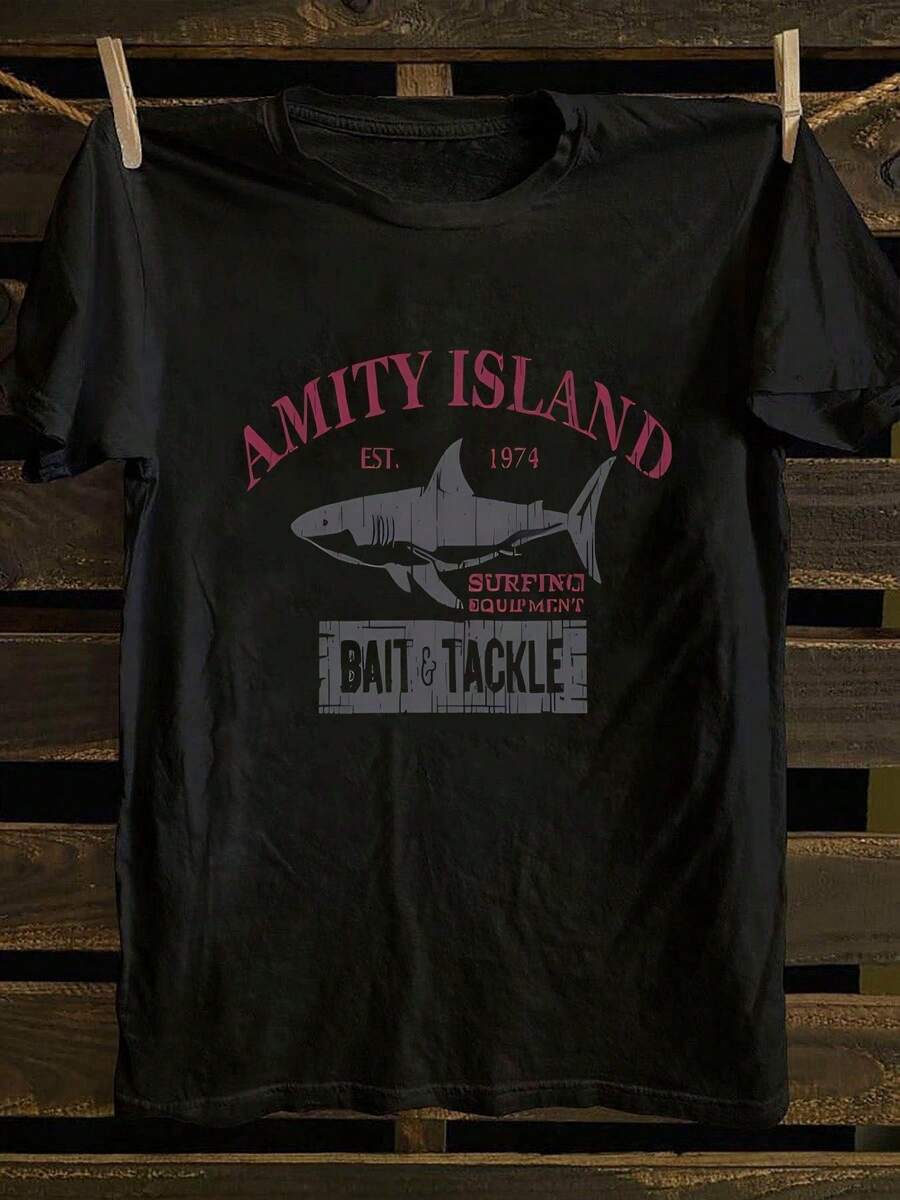 Camiseta de hombre, camiseta vintage con estampado de tiburón de Amity Island - camiseta con diseño de señuelos y equipo de pesca vintage, cuello redondo, manga corta, estilo casual, adecuada para uso diario, viajes de pesca y como regalo, ideal para el hogar, la oficina y fiestas, camiseta de mujer. - Negro - Ver 1