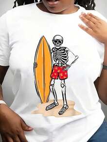 Camiseta Gráfica de Surfista con Esqueleto para Mujer - Diseño de Tabla de Surf - Camiseta de Tejido Grueso - Camiseta de Cuello Redondo Lavable a Máquina - Esqueleto Surfista Divertido - Regalos de Pascua para Surfistas, Adolescentes y Adultos - Ropa Casual de Playa para Todo el Año, Ropa de Estilo Surfista, Estampado Divertido, Ajuste Cómodo, Top, Moda Juvenil - Blanco - Ver 6