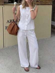 Conjunto de 2 piezas de 100% algodón para mujer de PoPoHouse, con top sin mangas con cuello y pantalones anchos de pierna ancha, adecuado para uso casual diario, oficina, transporte, vacaciones de verano en la playa, conjunto blanco - Blanco - Ver 3