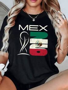 Figura que combina la bandera de México con un trofeo simbolizando orgullo nacional y pasión por el fútbol mostrando texturas rústicas y colores patrios camiseta de mujer casual cómoda para fanáticas del deporte - Negro - Ver 6