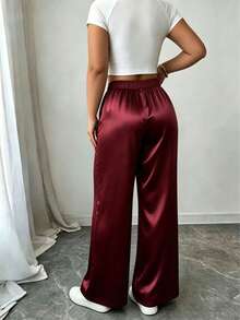Plus Size Satin Straight Leg Pants With Pockets, Long High Elastic Fabric, Suitable For Women - Burgundy - View 3
