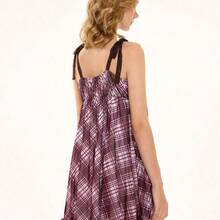 ROMWE Kawaii Spring/Summer Valentine's Day Plaid Ruffle Tie Casual Loose Women Mini Dress - Marrón - Ver 5
