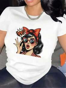 100% cotton Camiseta gráfica retro para mujer con diseño de pin-up - Suave camisa de poliéster con lazo rojo - Estilos casuales y formales inspirados en la década de 1950 - Camiseta retro para uso diario para mujeres, camisetas para señoras, ropa para restaurantes, tejido de estiramiento medio - Blanco - Ver 6