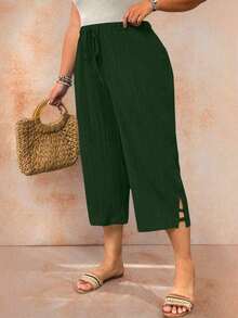 Pantalones capri informales de talla grande de un solo color - verde militar 3 - Ver 6