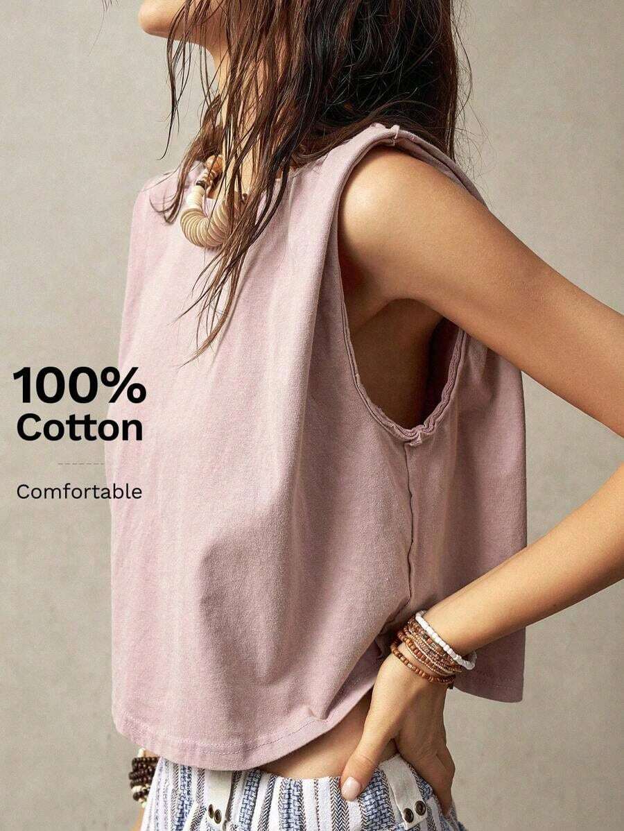 Top sin mangas de cuello redondo para vacaciones de mujer - Rosa vieja 2 - Ver 1