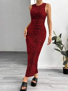 Vestido ajustado sin mangas con estampado de leopardo para mujer - Rojo - Ver 4