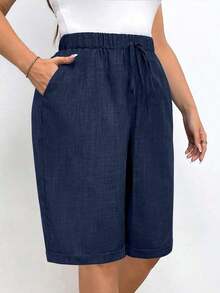 Pantalones cortos holgados de lino de talla grande para mujer, de unicolor, con bolsillo y lazo en la cintura, pantalones cortos anchos y de pierna ancha, pantalones cortos modestos para vacaciones y verano, color negro - Azul marino - Ver 3
