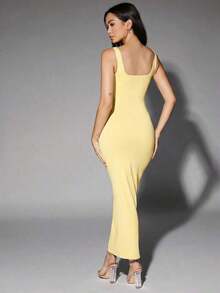 Vestido de tirantes de cuello redondo liso - Amarillo claro - Ver 2