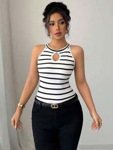 Camiseta ajustada y sexy con diseño hueco y cuello halter a rayas para mujeres - Blanco y Negro 2 - Ver 6