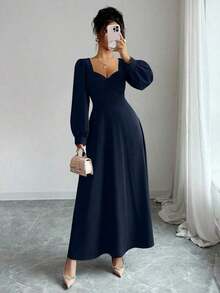 YHHElenzga Vestido largo elegante de mujer con cuello cuadrado, mangas abultadas y cintura ceñida, adecuado para el uso diarioYHH - Azul marino - Ver 6