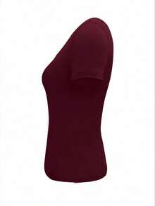 Camiseta casual corta de mujer de manga corta con botones en la parte delantera, color azul marino sólido - Burdeos - Ver 3