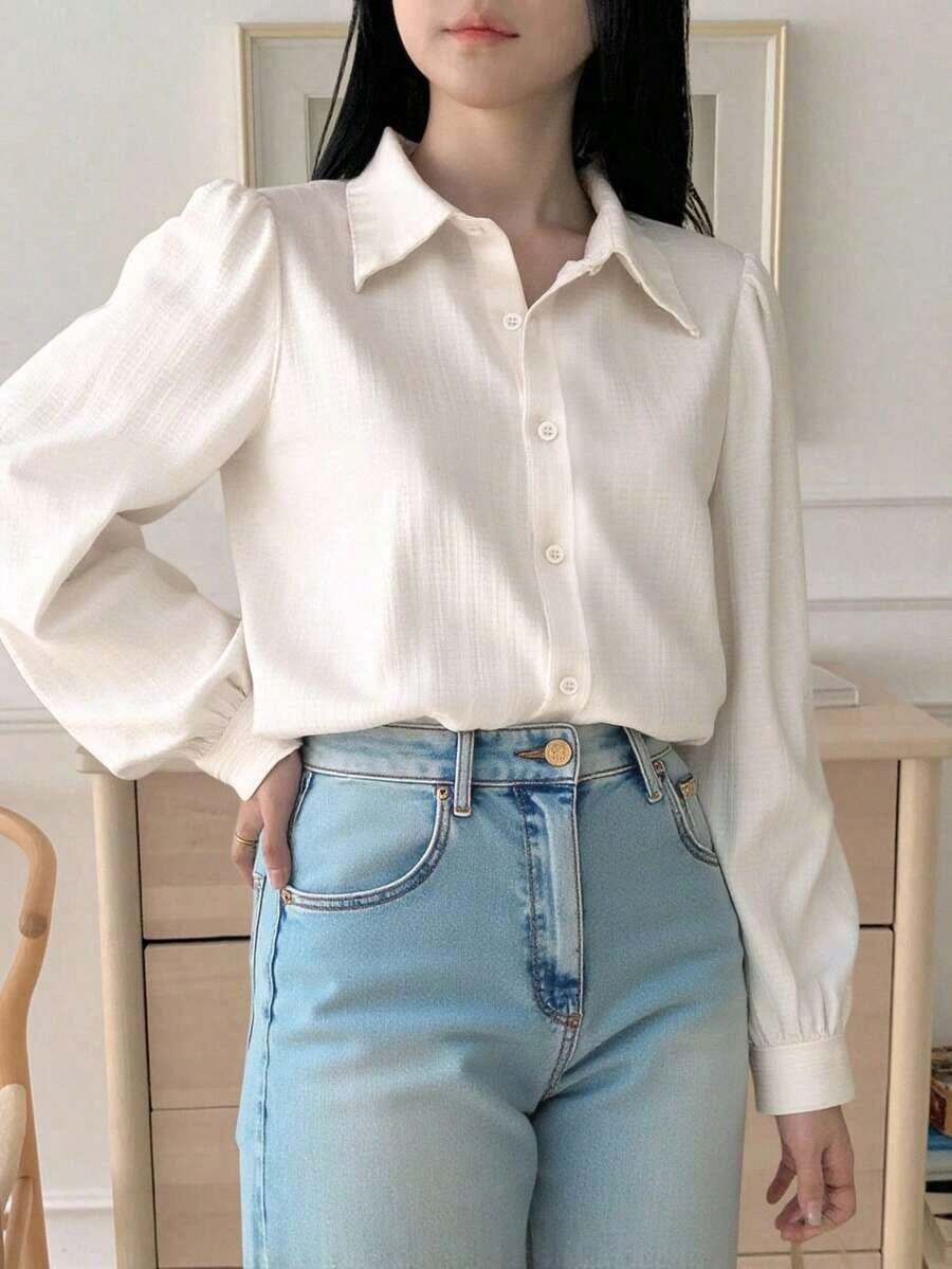 Blusa suelta de unicolor con cuello vuelto y pliegues para mujer, color morado, para primavera/verano/otoño, ropa de mujer de manga larga - Blanco - Ver 1
