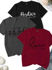 Set de 3 camisetas de mujer de manga corta con cuello redondo, de estilo casual de verano, con estampado gráfico del universo creencia, top de concierto - Multicolor 9 - Ver 1