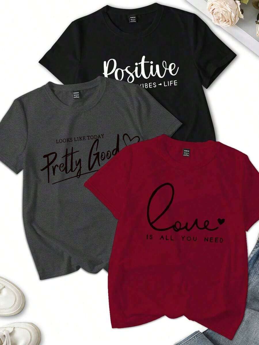 Set de 3 camisetas de mujer de manga corta con cuello redondo, de estilo casual de verano, con estampado gráfico del universo creencia, top de concierto - Multicolor 9 - Ver 1